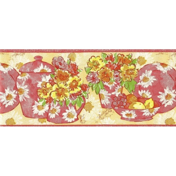 SAMPLE - Pots and Flowers Red / Yellow 10 Metre Border by Primrose 483