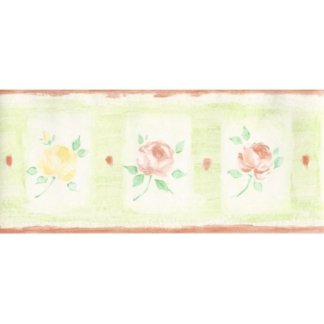 SAMPLE - Roses Green / Peach Cushioned Vinyl Border by Fine Decor B2726