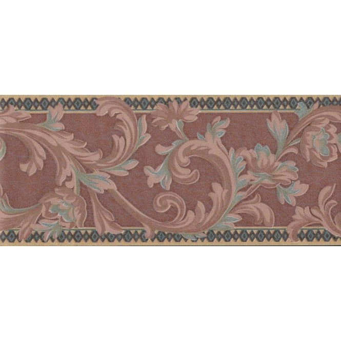 SAMPLE - Sheena Scroll Deep Coral / Green 5 Metre Vinyl Border by John Wilman 161080