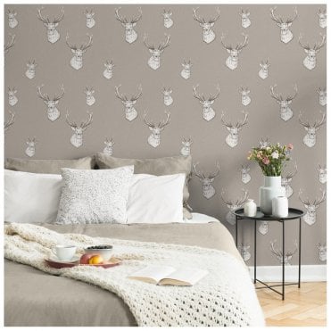 SAMPLE - Stag Mushroom Heavyweight Wallpaper by Catherine Lansfield 165512