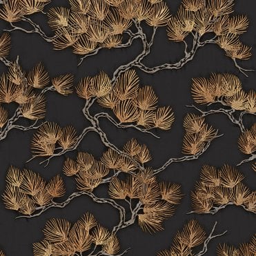 SAMPLE - Wall Fabric Pine Tree Black & Gold Wallpaper by design id WF121015