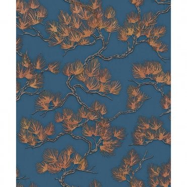 SAMPLE - Wall Fabric Pine Tree Blue & Copper Wallpaper by design id WF121017