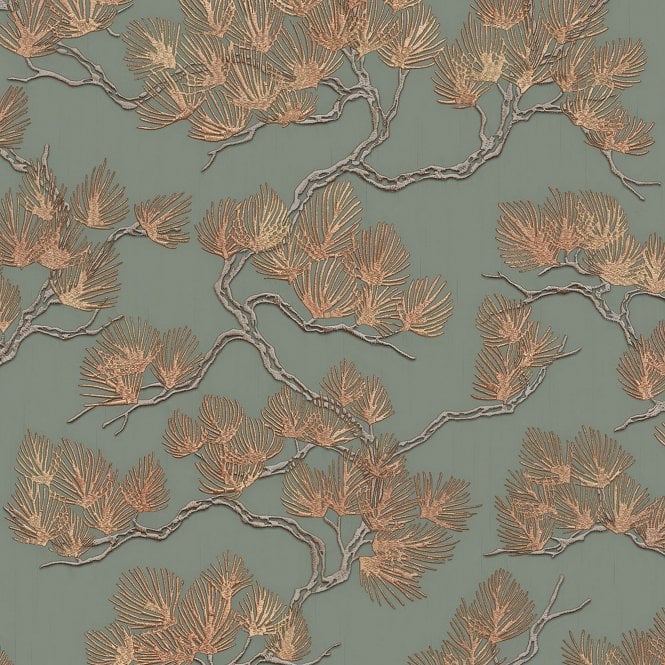 SAMPLE - Wall Fabric Pine Tree Green & Gold Wallpaper by design id WF121013