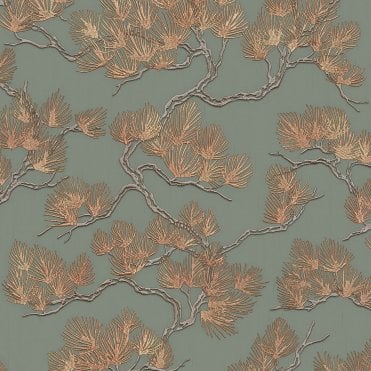 SAMPLE - Wall Fabric Pine Tree Green & Gold Wallpaper by design id WF121013