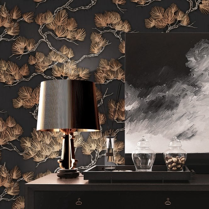 Wall Fabric Pine Tree Black & Gold Wallpaper by design id WF121015