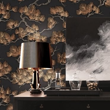 design id | Wall Fabric Pine Tree Black / Gold Wallpaper | WF121015